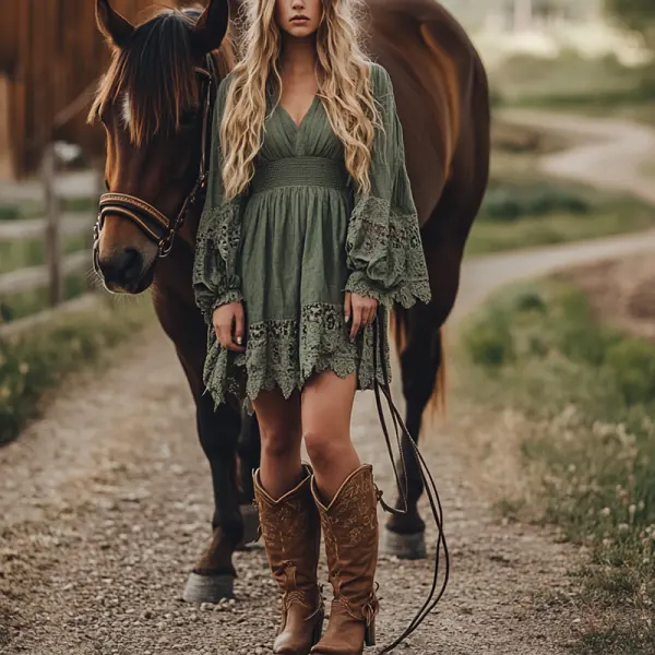 Women's Boho Lace V Neck Long Sleeve Ruffle Country Midi Dress Military Green - Wayrates.com 