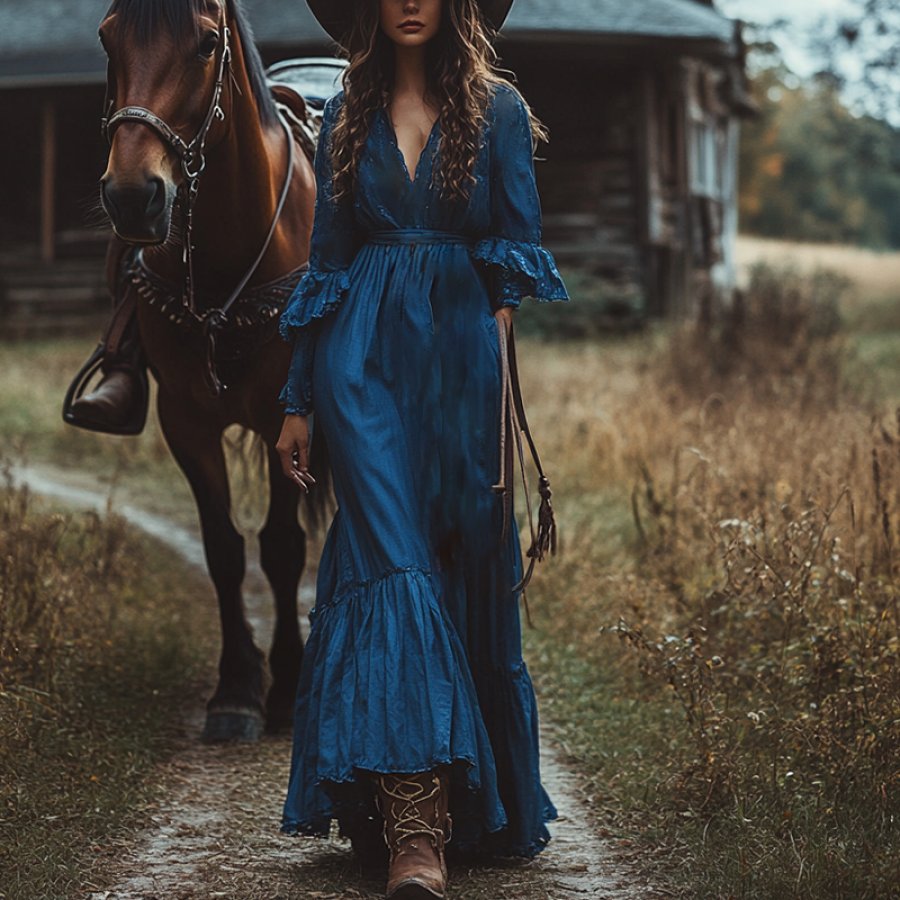 

Women's Boho V Neck Lace Long Sleeve Ruffle Country Maxi Dress Royal Blue