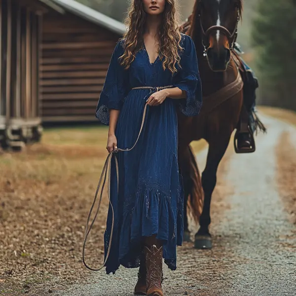 Women's Boho Country Maxi Dress Royal Blue - Elementnice.com 