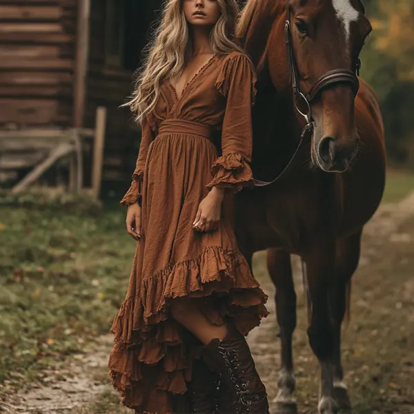 Women's V Neck Ruffled Country Midi Dress Caramel - Menzfolk.com 