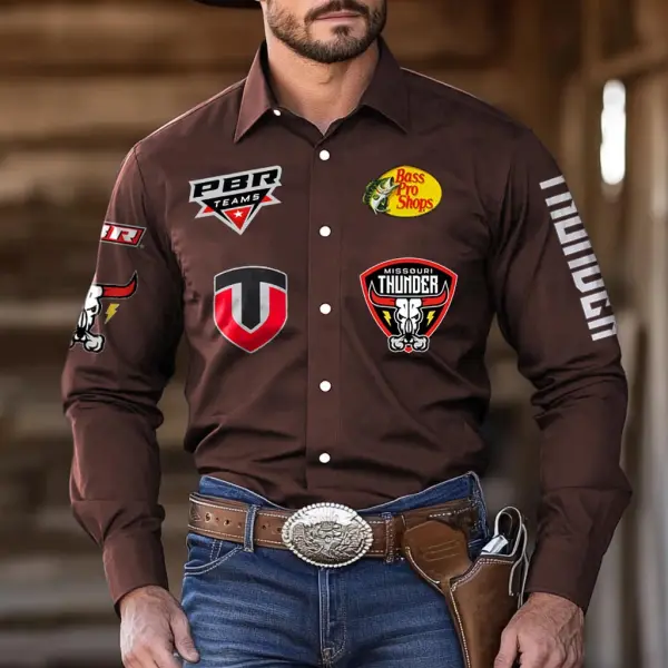 Men's Western Cowboy Outdoor PBR Teams Cow Head Long Sleeved Brown Shirts - Keymimi.com 