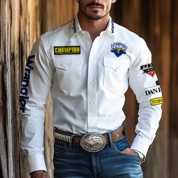 Men's Western Cowboy Outdoor PBR Teams Cow Head Pocket Long Sleeved White Shirts - Menzfolk.com 