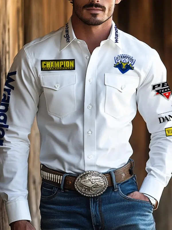Men's Western Cowboy Outdoor PBR Teams Cow Head Pocket Long Sleeved White Shirts - Pragmaace.com 