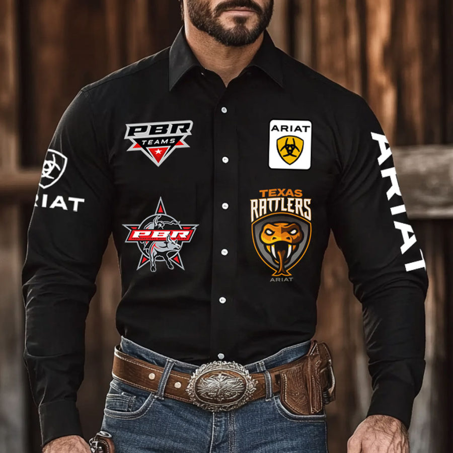 

Men's Western Cowboy Outdoor PBR Teams Snake Long Sleeved Black Shirts