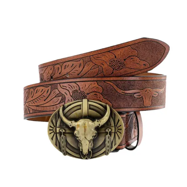 Men's Western Cowboy Cow Head Brown Belt - Anurvogel.com 