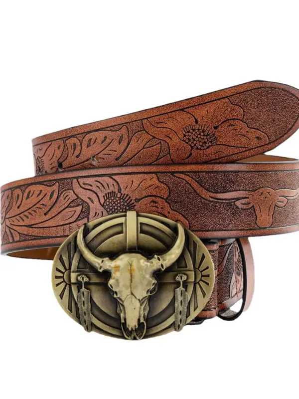 Men's Western Cowboy Cow Head Brown Belt - Pragmaace.com 