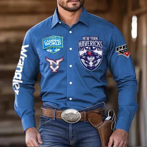 Men's Western Cowboy Outdoor PBR Teams New York Long Sleeved Blue Shirts - Wayrates.com 