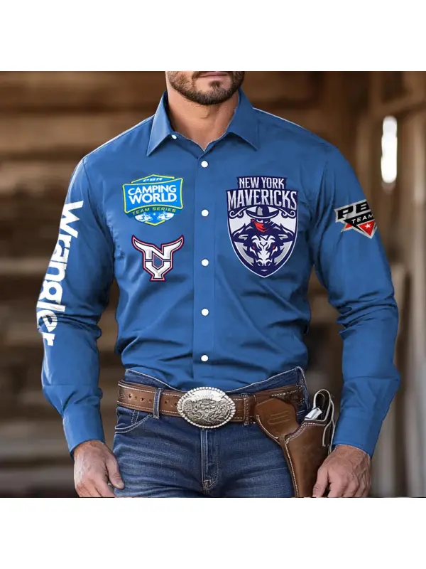 Men's Western Cowboy Outdoor PBR Teams New York Long Sleeved Blue Shirts - Ootdmw.com 