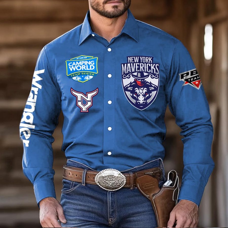 

Men's Western Cowboy Outdoor PBR Teams New York Long Sleeved Blue Shirts