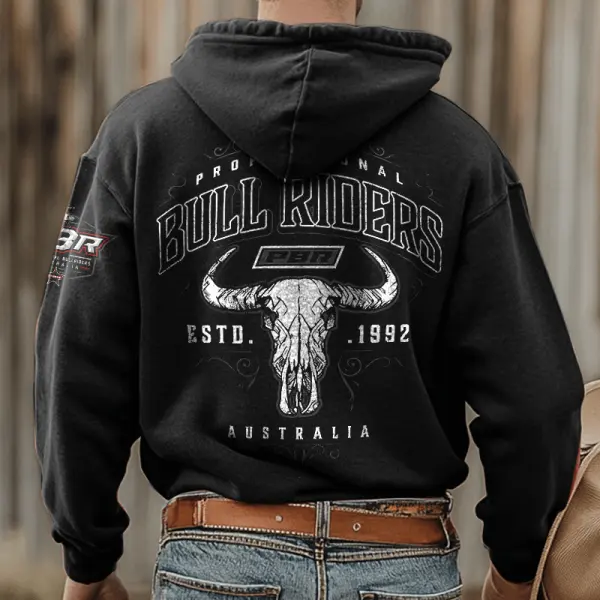 Men's PBR Competition Professional Bullriders Australia Vintage Bull Print Black Hoodie - Wayrates.com 