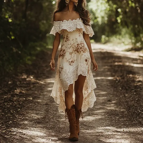 Women's Western Cowboy Lace Printed Swallowtail Dress - Wayrates.com 