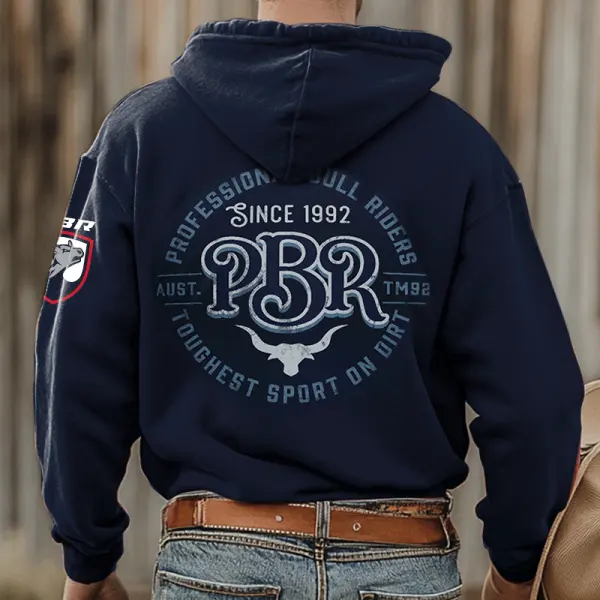 Men's Since 1992 PBR Competition Vintage Raging Bull Print Dark Blue Hoodie - Wayrates.com 