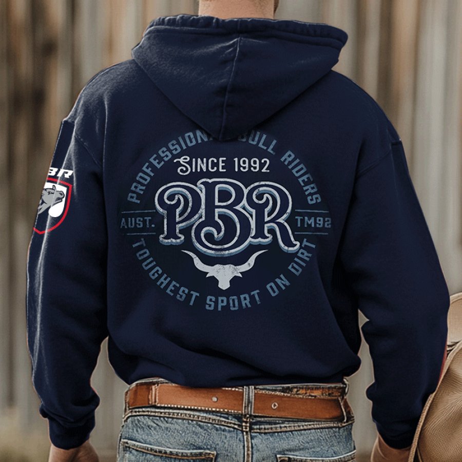 

Men's Since 1992 PBR Competition Vintage Raging Bull Print Dark Blue Hoodie