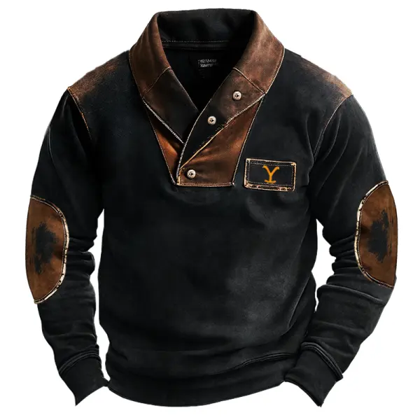 Men's Vintage Yellowstone Shawl Collar Elbow Patch Sweatshirt - Nicheten.com 