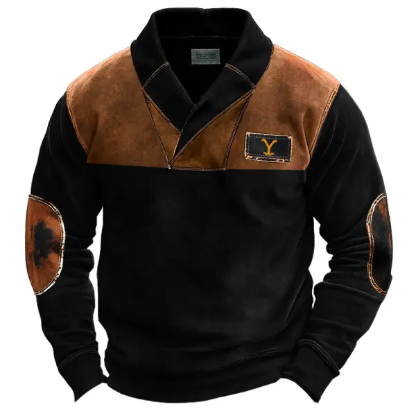 Men's Vintage Yellowstone Shawl Collar Color Block Patches Elbow Sweatshirt - Menzfolk.com 