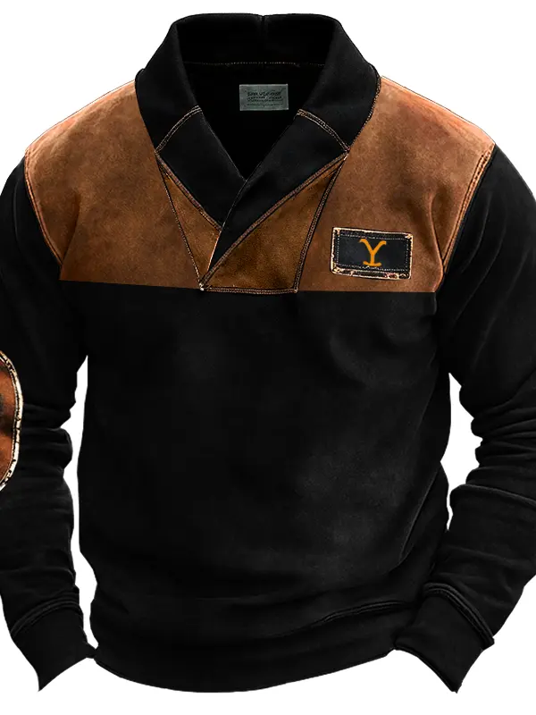 Men's Vintage Yellowstone Shawl Collar Color Block Patches Elbow Sweatshirt - Menwyx.com 