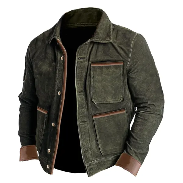 Men's Vintage Suede Leather Paneled Pocket Jacket Outdoor - Dozenlive.com 