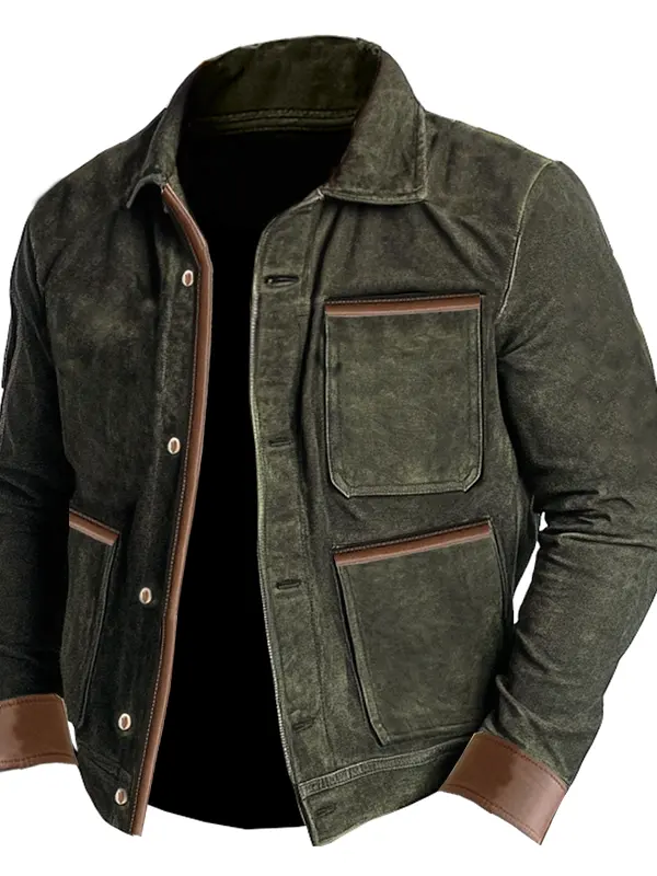 Men's Vintage Suede Leather Paneled Pocket Jacket Outdoor - Menwyx.com 