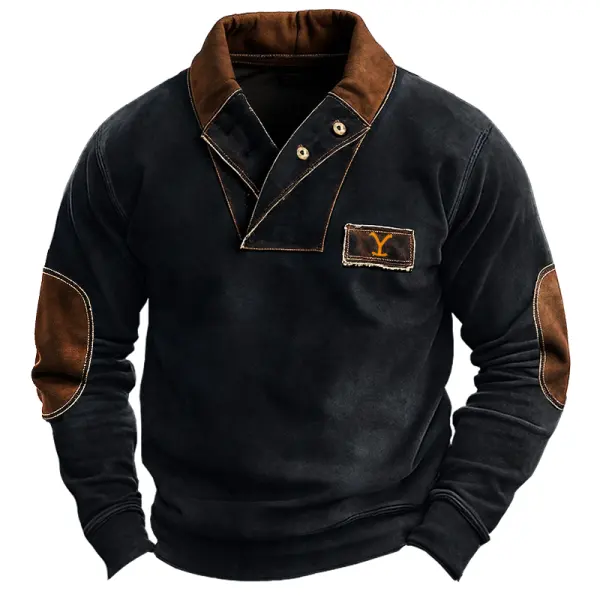 Men's Vintage Yellowstone Shawl Collar Elbow Patches Sweatshirt - Nicheten.com 