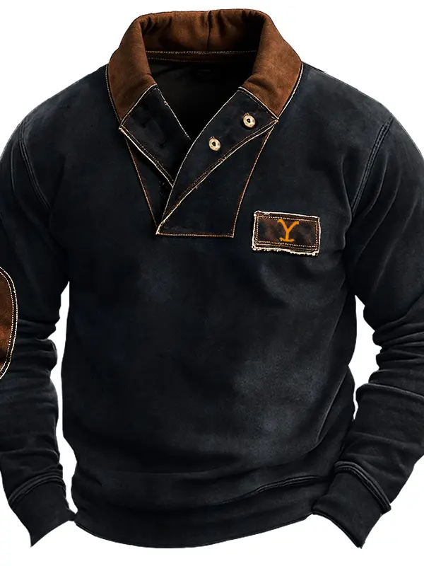 Men's Vintage Yellowstone Shawl Collar Elbow Patches Sweatshirt - Menwyx.com 