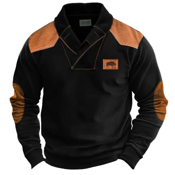 Men's Vintage Shawl Collar Elbow Shoulder Patches Buffalo Leather Lable Sweatshirt - Manlyhost.com 