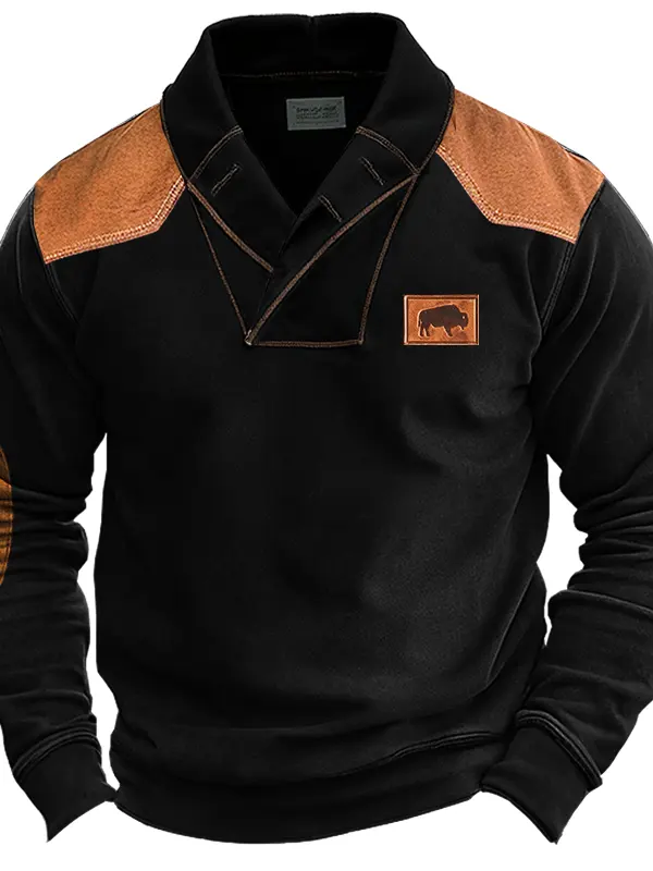 Men's Vintage Shawl Collar Elbow Shoulder Patches Buffalo Leather Lable Sweatshirt - Menwyx.com 