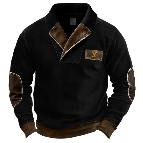 Men's Vintage Yellowstone Shawl Collar Elbow Patches Color Block Sweatshirt - Nicheten.com 