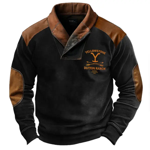 Men's Vintage Yellowstone Shawl Collar Elbow Shoulder Patches Sweatshirt - Nicheten.com 