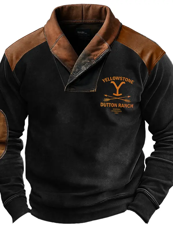 Men's Vintage Yellowstone Shawl Collar Elbow Shoulder Patches Sweatshirt - Menwyx.com 