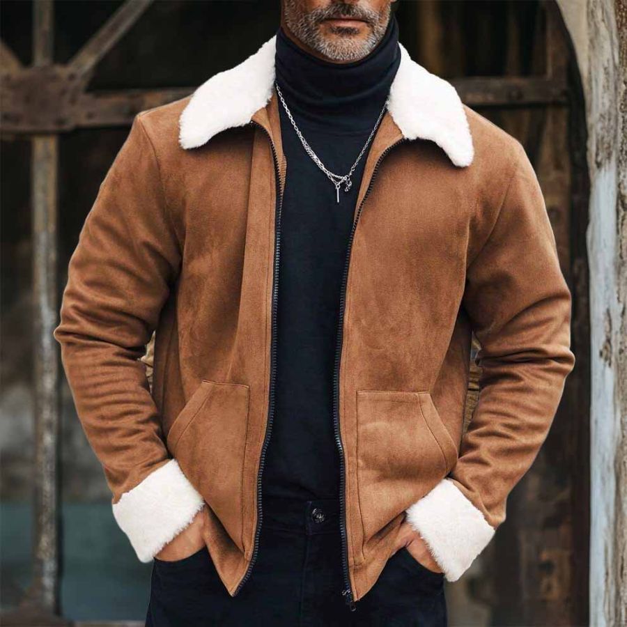 

Men's Vintage Suede Pocket Polar Fleece Lapel Collar Outdoor Motorcycle Jacket