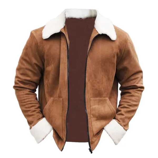 Men's Vintage Suede Pocket Polar Fleece Lapel Collar Outdoor Motorcycle Jacket - Manlyhost.com 