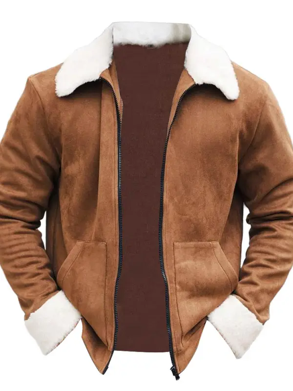 Men's Vintage Suede Pocket Polar Fleece Lapel Collar Outdoor Motorcycle Jacket - Menwyx.com 