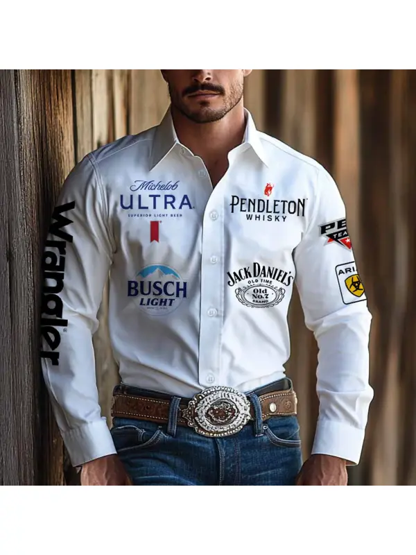 Men's Western Cowboy Outdoor PBR Whiskey Long Sleeved White Shirts - Aptkoi.com 