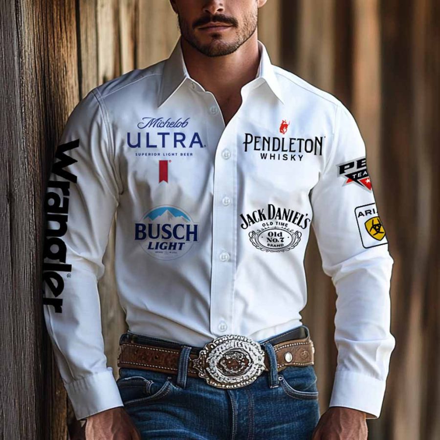 

Men's Western Cowboy Outdoor PBR Whiskey Long Sleeved White Shirts