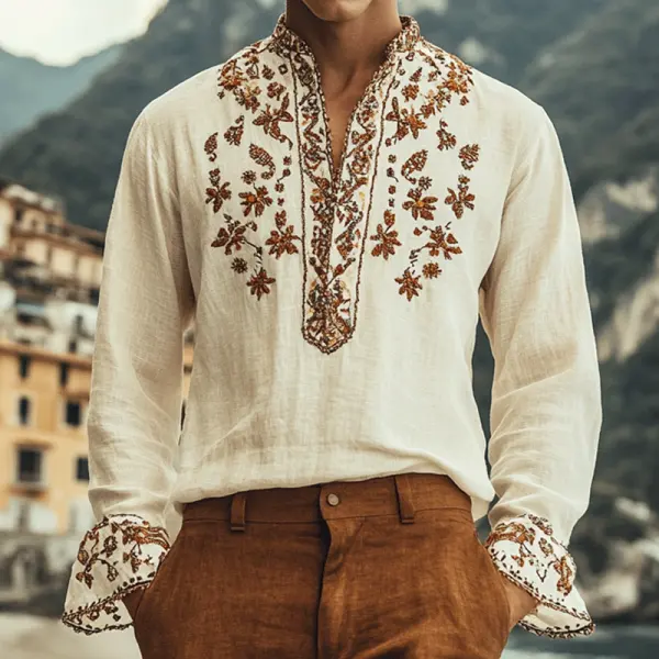Men's Outdoor Elegant Gentleman Henley Beach Ethnic Patterns Khaki Linen Shirts - Wayrates.com 