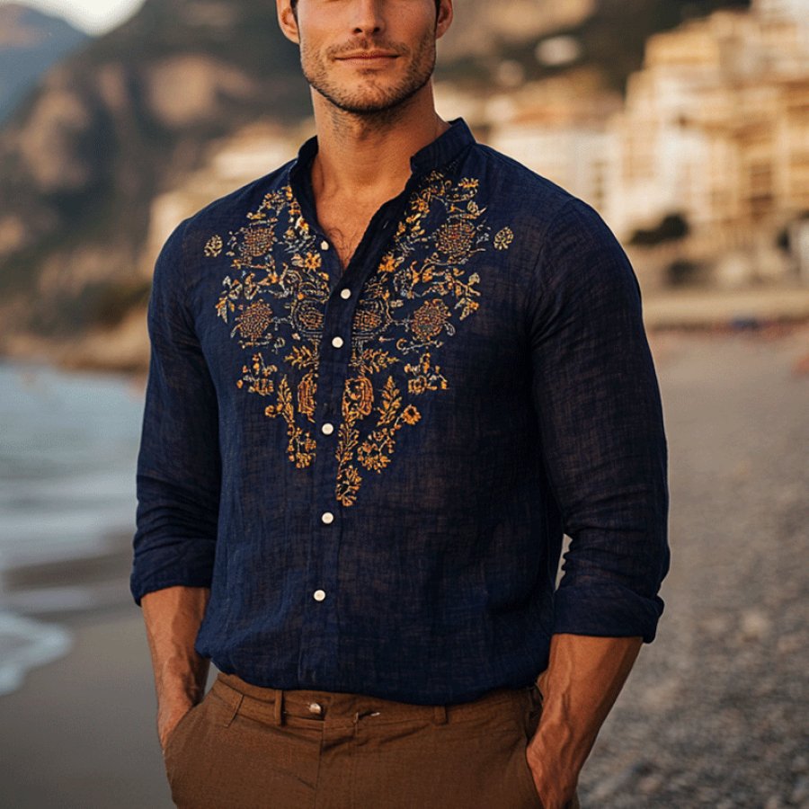 

Men's Outdoor Elegant Gentleman Beach Ethnic Patterns Dark Blue Linen Shirts