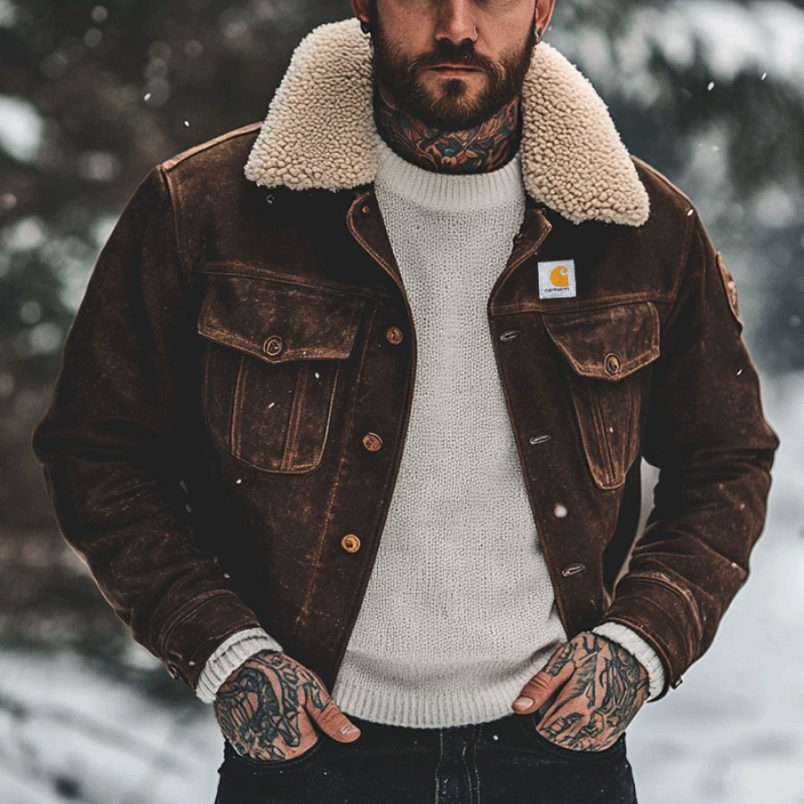 

Men's Carhartt Vintage Lamb Fleece Collar Splicing Pocket Suede Jacket
