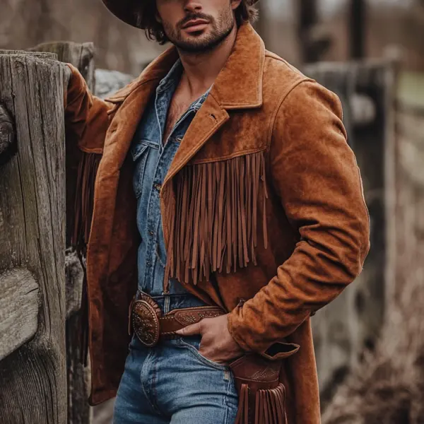 Retro Outdoor Men's Tassel Top Western Denim Tassel Jacket Jacket - Dozenlive.com 