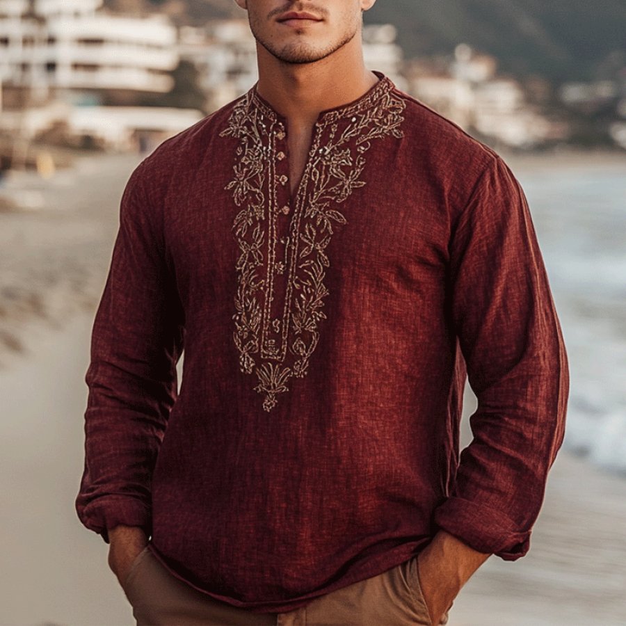 

Men's Outdoor Elegant Gentleman Beach Ethnic Patterns Claret Henley Linen Shirts