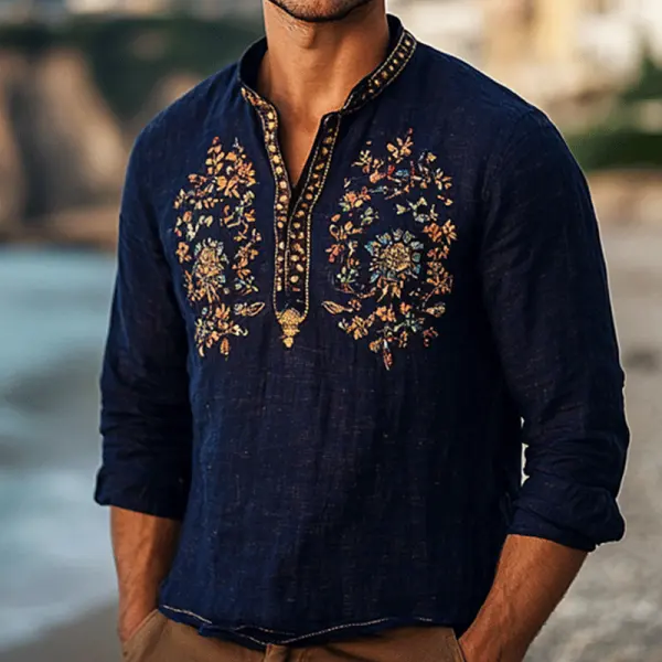Men's Outdoor Elegant Gentleman Beach Ethnic Patterns Dark Blue Henley Linen Shirts - Wayrates.chimpone.com 