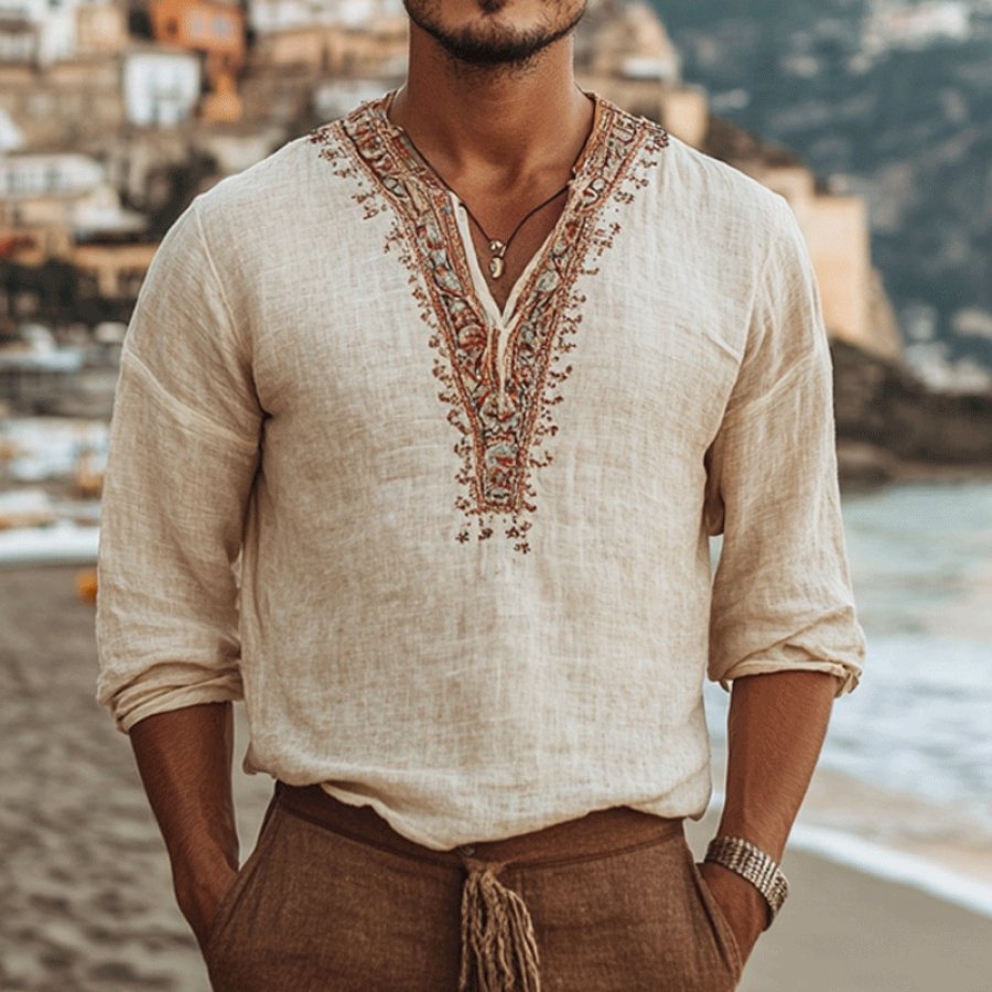 

Men's Outdoor Henley Beach Ethnic Patterns Linen Shirt