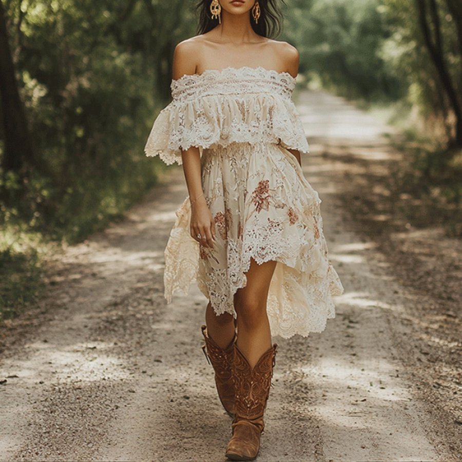 

Women's Western Cowboy Lace Printed Dress