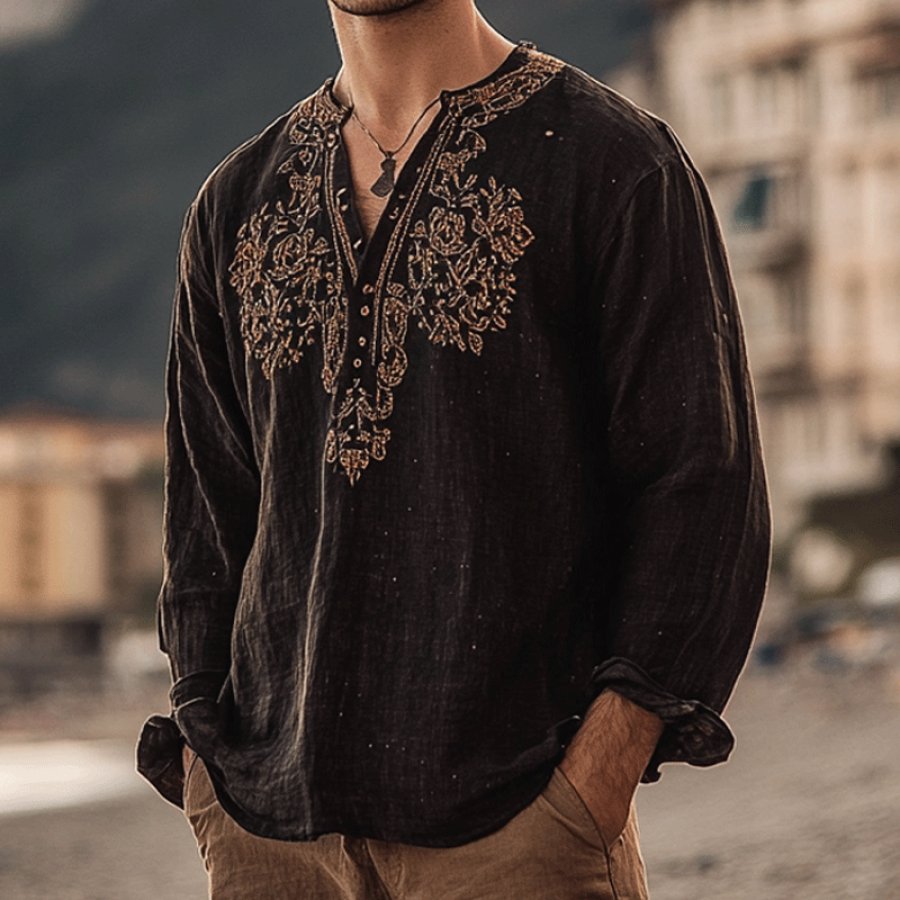 

Men's Outdoor Elegant Gentleman Beach Black Ethnic Patterns Linen Shirts