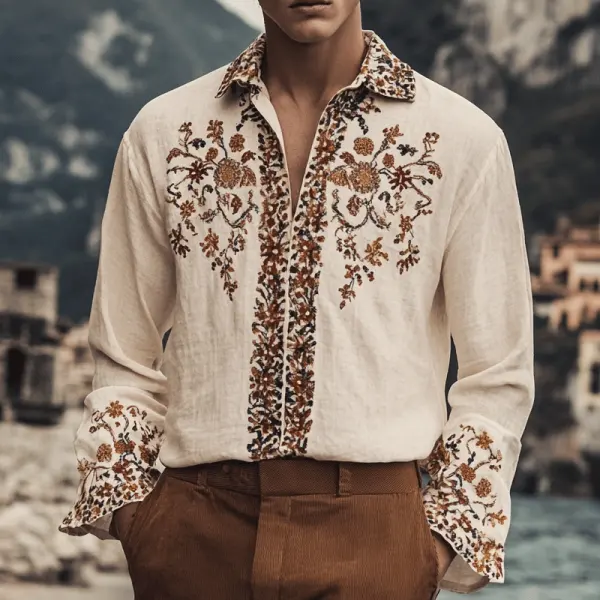 Men's Outdoor Elegant Gentleman Beach Ethnic Patterns Khaki Linen Shirts - Wayrates.chimpone.com 