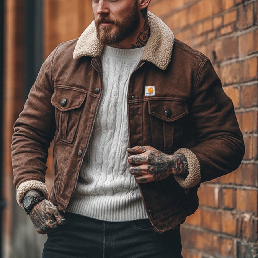 

Men's Vintage Lamb Fleece Collar Splicing Pocket Denim Jacket