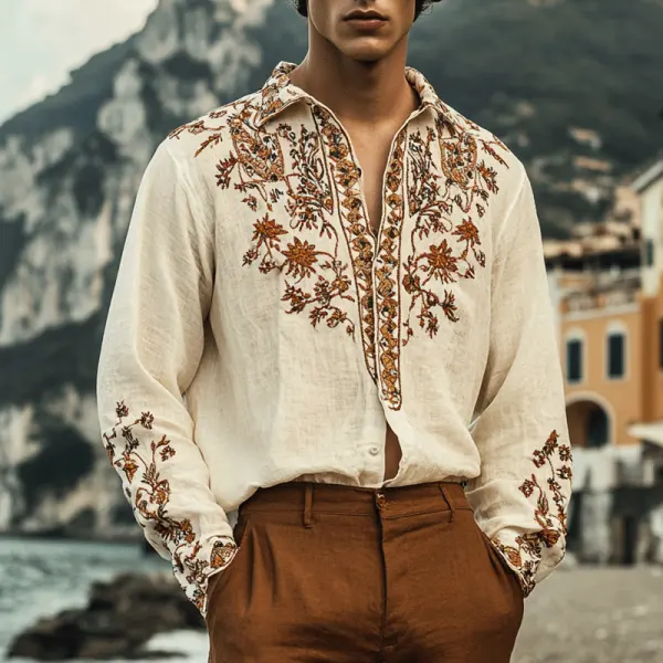 Men's Outdoor Elegant Gentleman Beach Ethnic Patterns Khaki Linen Shirts - Wayrates.chimpone.com 