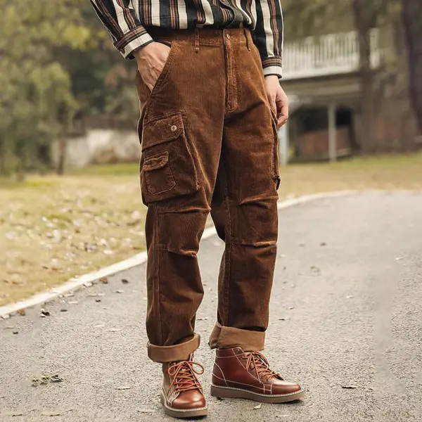 Men's Vintage Corduroy Outdoor Multi-pocket Cargo Pants Trousers - Nicheten.com 