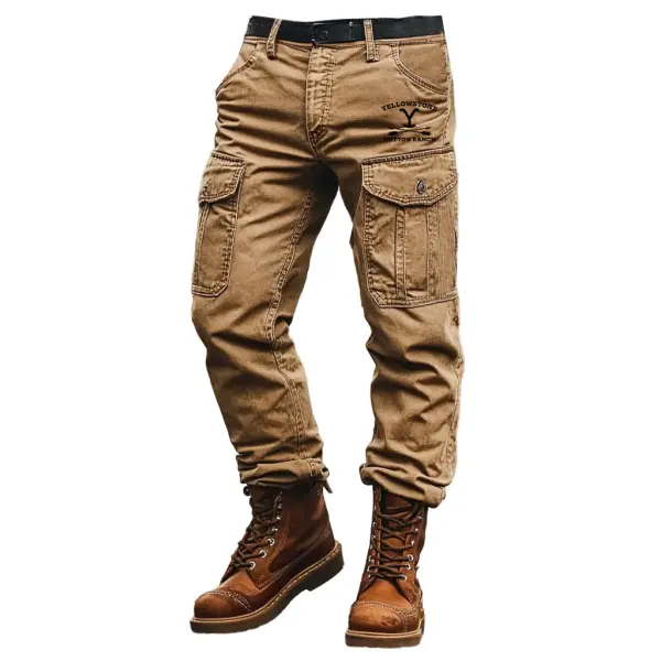 Men's Vintage Yellowstone Western Cowboy Outdoor Multi-pocket Cargo Pants - Elementnice.com 