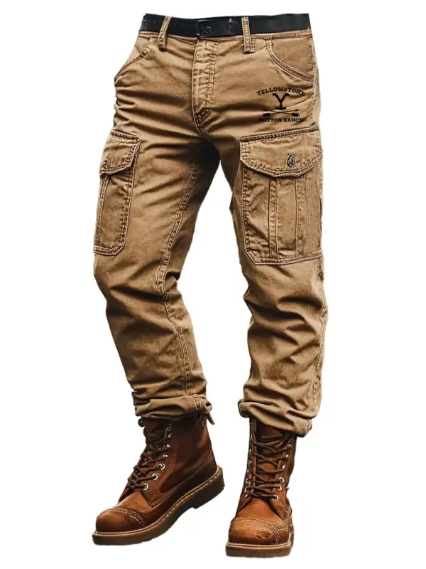 Men's Vintage Yellowstone Western Cowboy Outdoor Multi-pocket Cargo Pants - Menwyx.com 