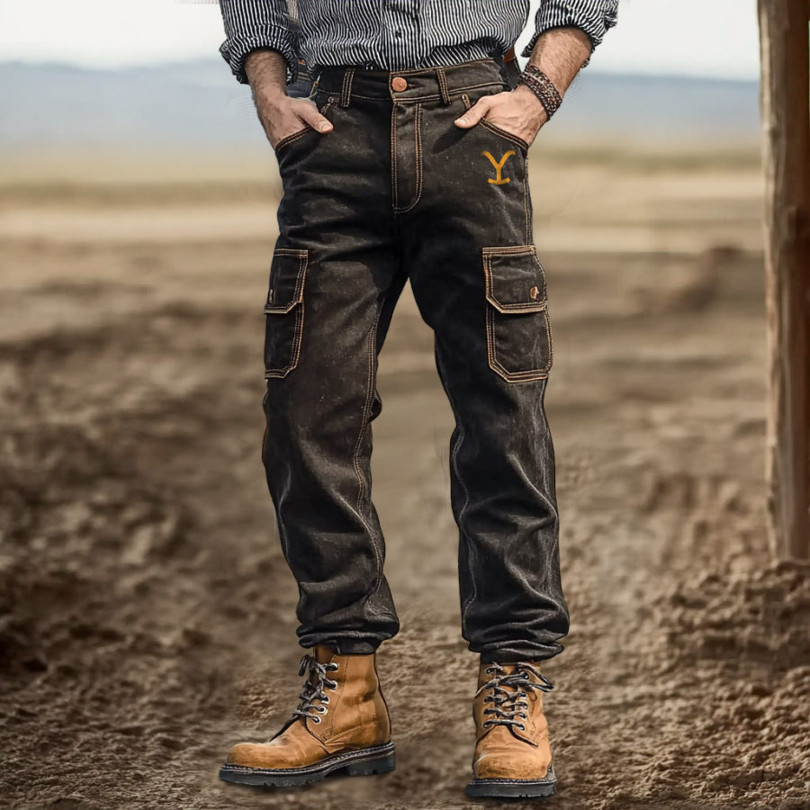

Men's Vintage Yellowstone Western Cowboy Outdoor Multi-pocket Cargo Jeans Pants